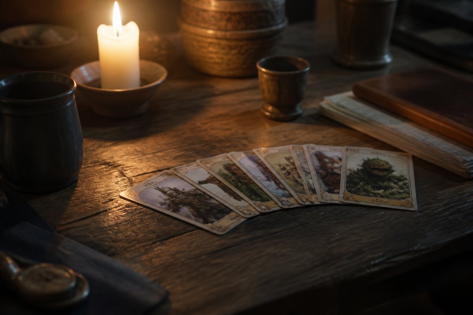 Illustration : une main de cartes &eacute;tal&eacute;e en &eacute;ventail sur une table de taverne &eacute;clair&eacute;e &agrave; la bougie.