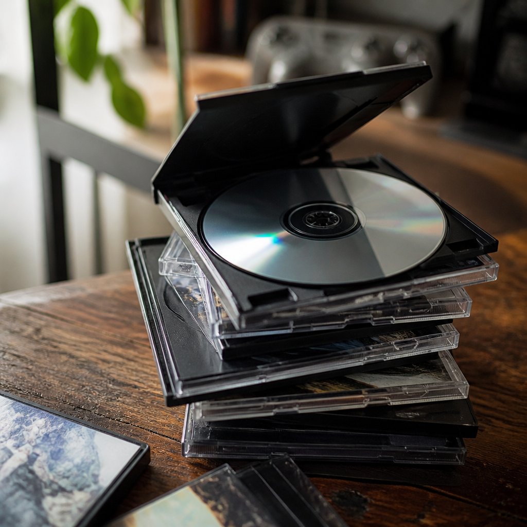 Illustration : une pile de bo&icirc;tiers de jeu ouverts sur une table, un disque argent&eacute; attrapant la lumi&egrave;re.