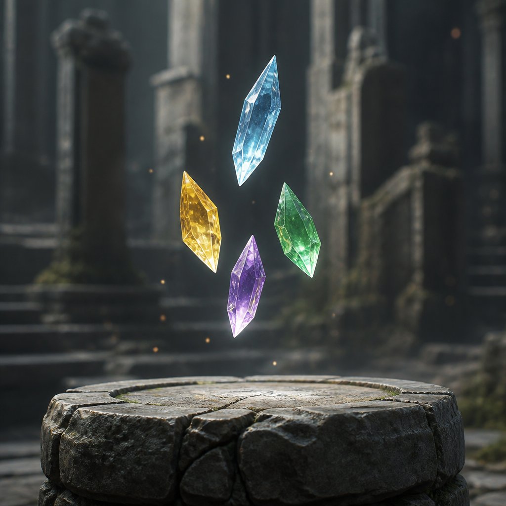 Illustration : quatre &eacute;clats de cristal en suspension au-dessus d&rsquo;un autel de pierre fissur&eacute;.