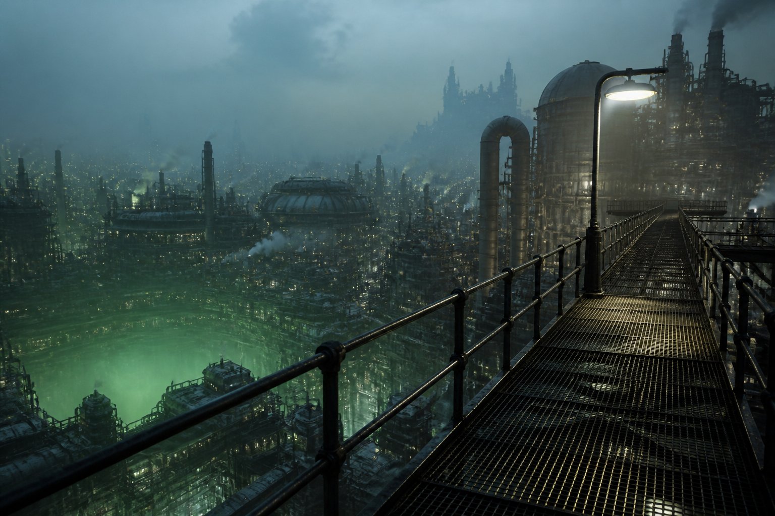 Illustration : une passerelle m&eacute;tallique surplombant une ville de fer, un halo vert montant des profondeurs.
