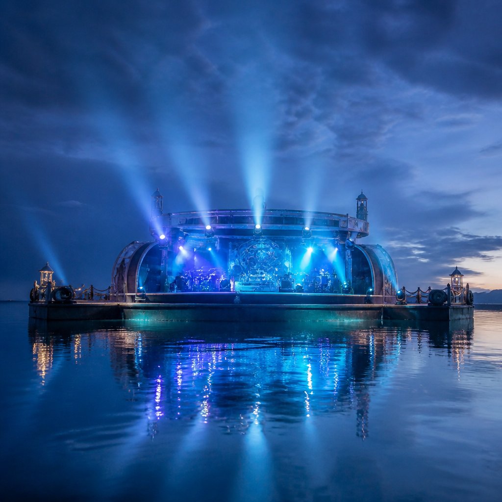 Illustration : une sc&egrave;ne de concert flottante illumin&eacute;e de projecteurs bleus au-dessus d&rsquo;une mer calme.