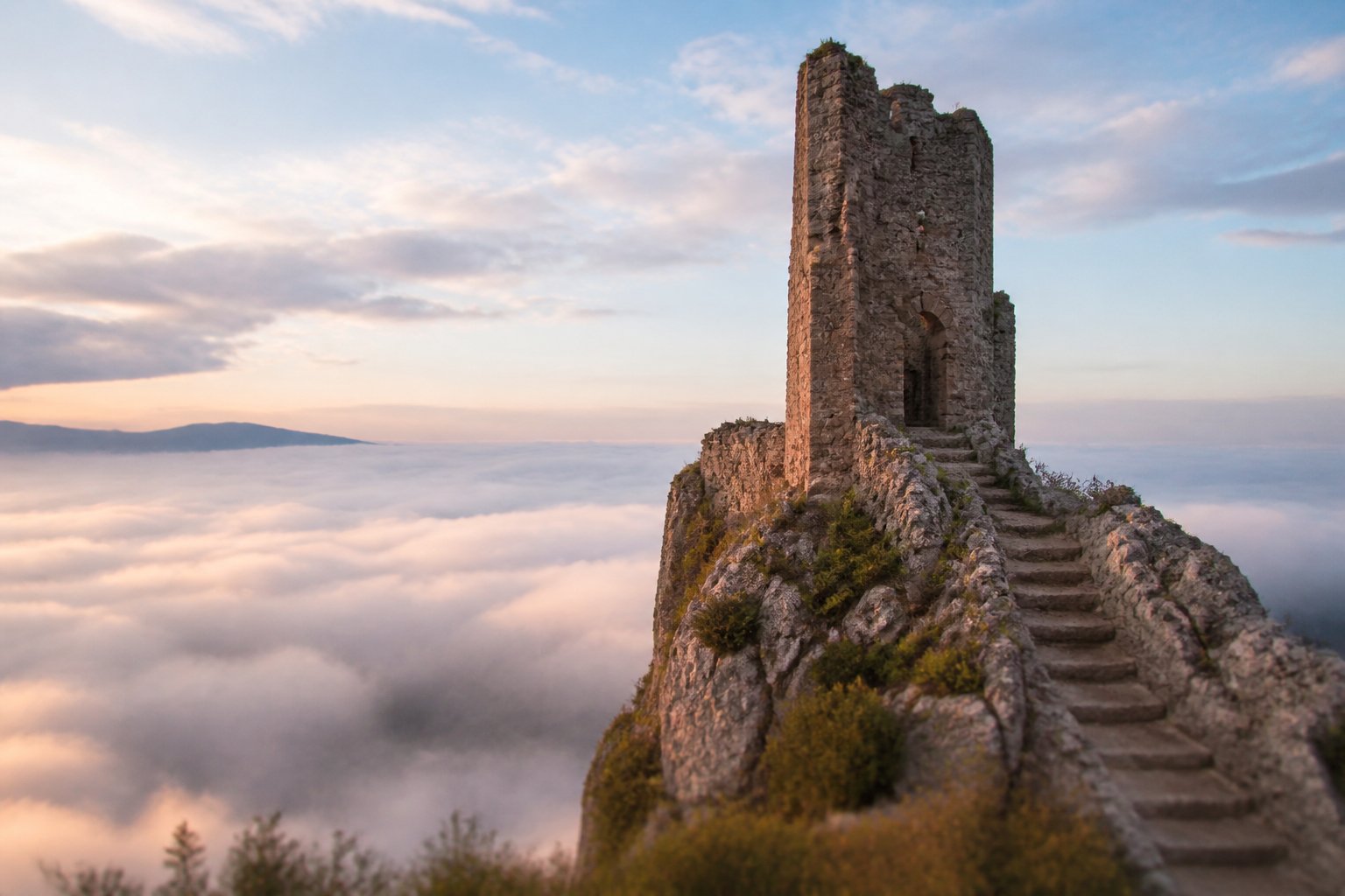 Illustration : une tour de pierre en ruine &eacute;mergeant d&rsquo;une mer de nuages, un escalier taill&eacute; dans la roche.