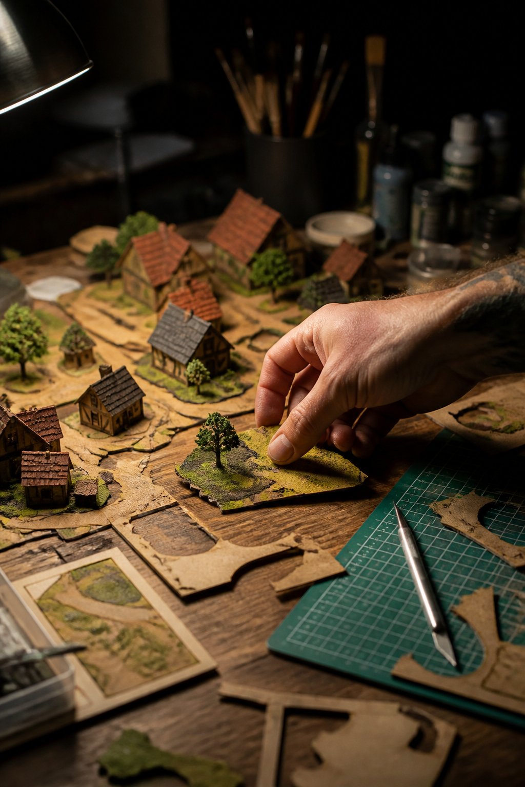 Un diorama de bourg italien au 1/43 pos&eacute; sur un &eacute;tabli, &eacute;clair&eacute; par une lampe d&rsquo;architecte rasante qui creuse les joints des murs en pierre, cadr&eacute; de trois quarts face &agrave; hauteur de table.