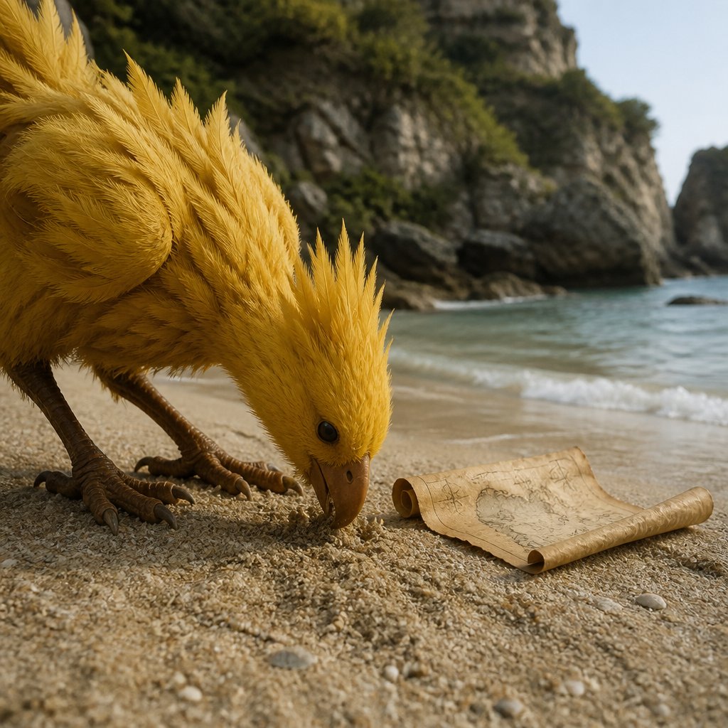 Illustration : un grand oiseau jaune gratte le sable devant une carte au tr&eacute;sor d&eacute;roul&eacute;e.