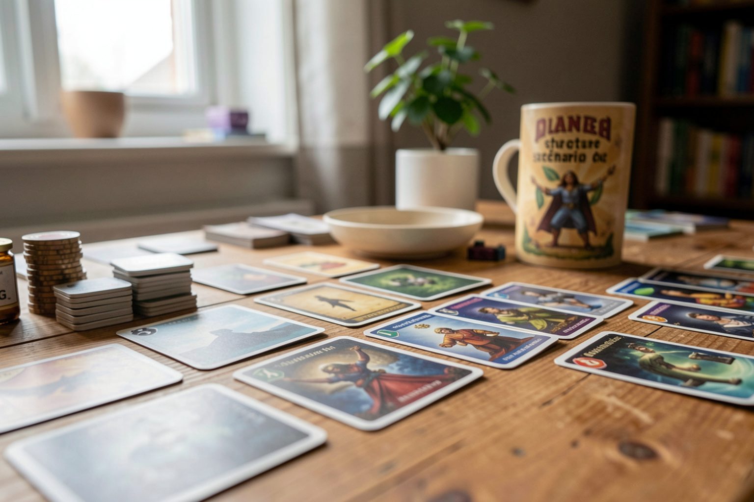Illustration : un &eacute;tal de cartes &agrave; jouer anciennes dispos&eacute;es en cercle sur une table de bois sombre, une bougie &agrave; c&ocirc;t&eacute;.