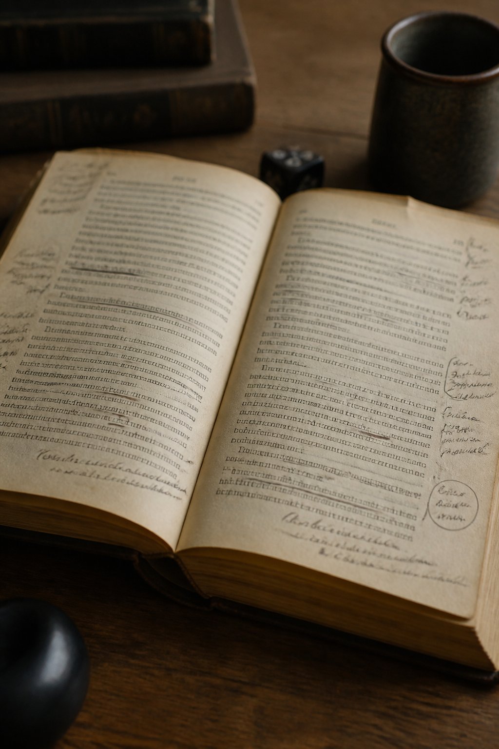 Un bureau en fin de journ&eacute;e, &eacute;cran d&rsquo;ordinateur portable affichant une page de r&egrave;gles de jeu de r&ocirc;le, &agrave; c&ocirc;t&eacute; d&rsquo;un carnet ouvert et d&rsquo;une tasse, lumi&egrave;re chaude d&rsquo;une lampe de bureau, cadrage en plong&eacute;e l&eacute;g&egrave;re.