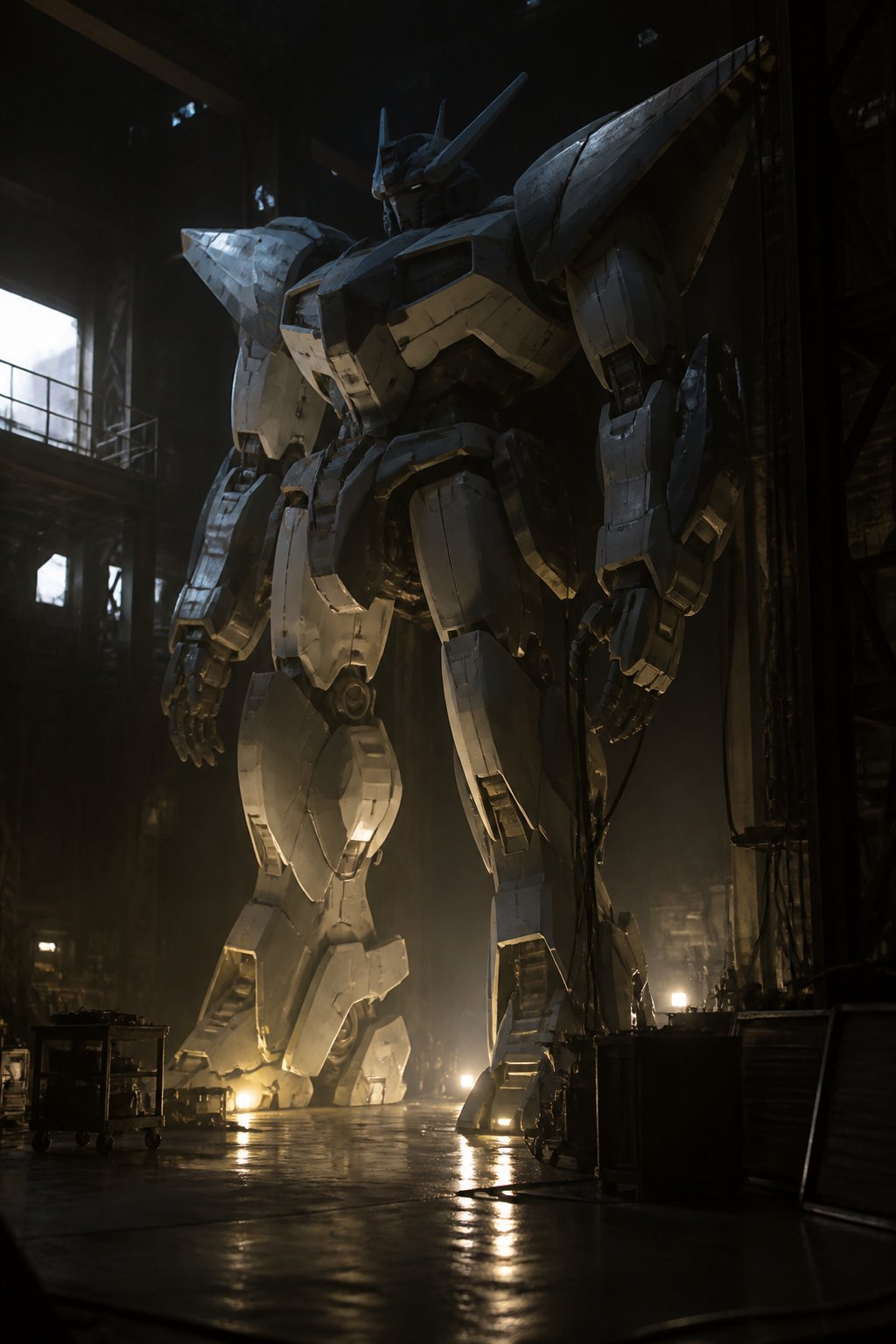 Illustration : une machine humano&iuml;de g&eacute;ante &agrave; l&rsquo;arr&ecirc;t dans un hangar, &eacute;clair&eacute;e par en dessous.